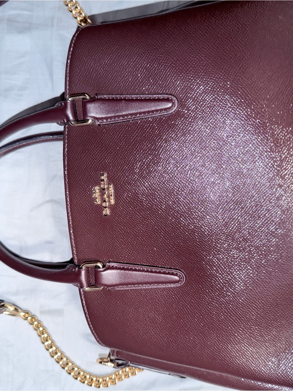 Coach Deep Wine Leather Satchel with Gold Chain